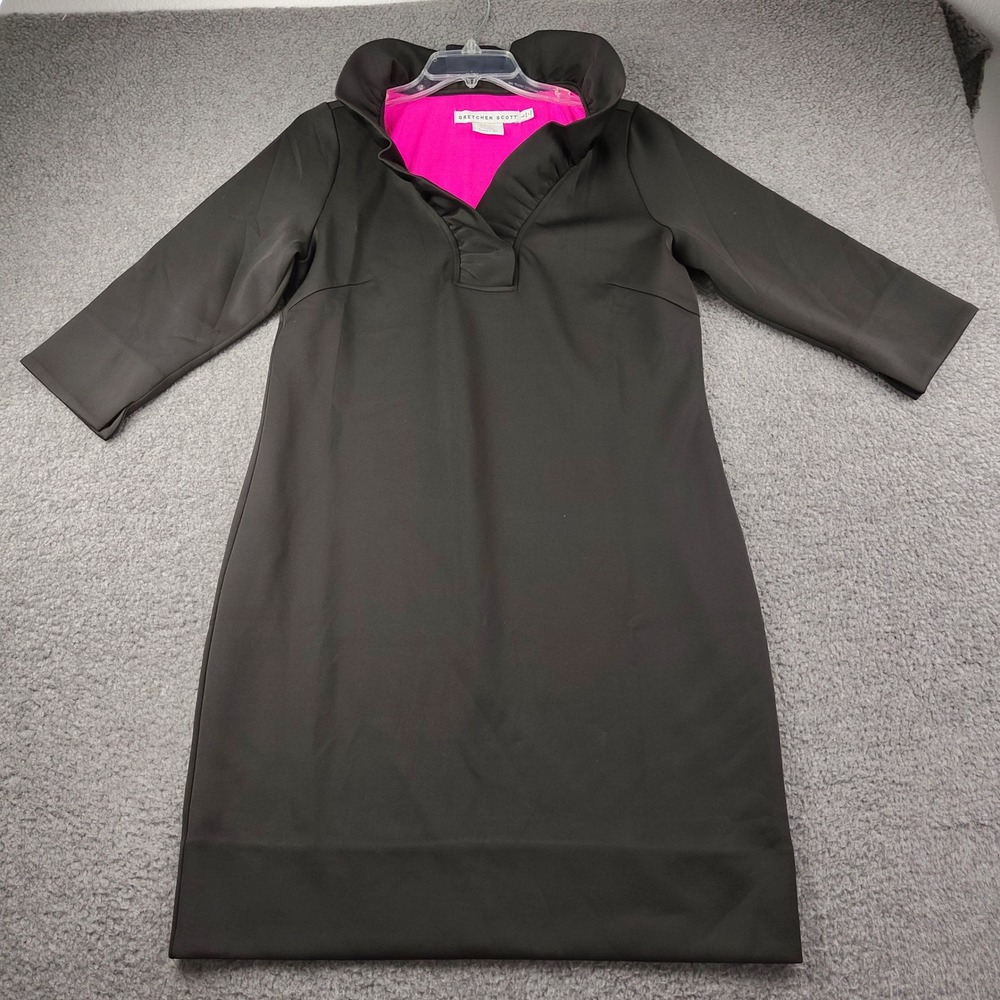 Gretchen Scott Dress Sz Large Ruffle Collar 3/4 Sleeve Black Pink